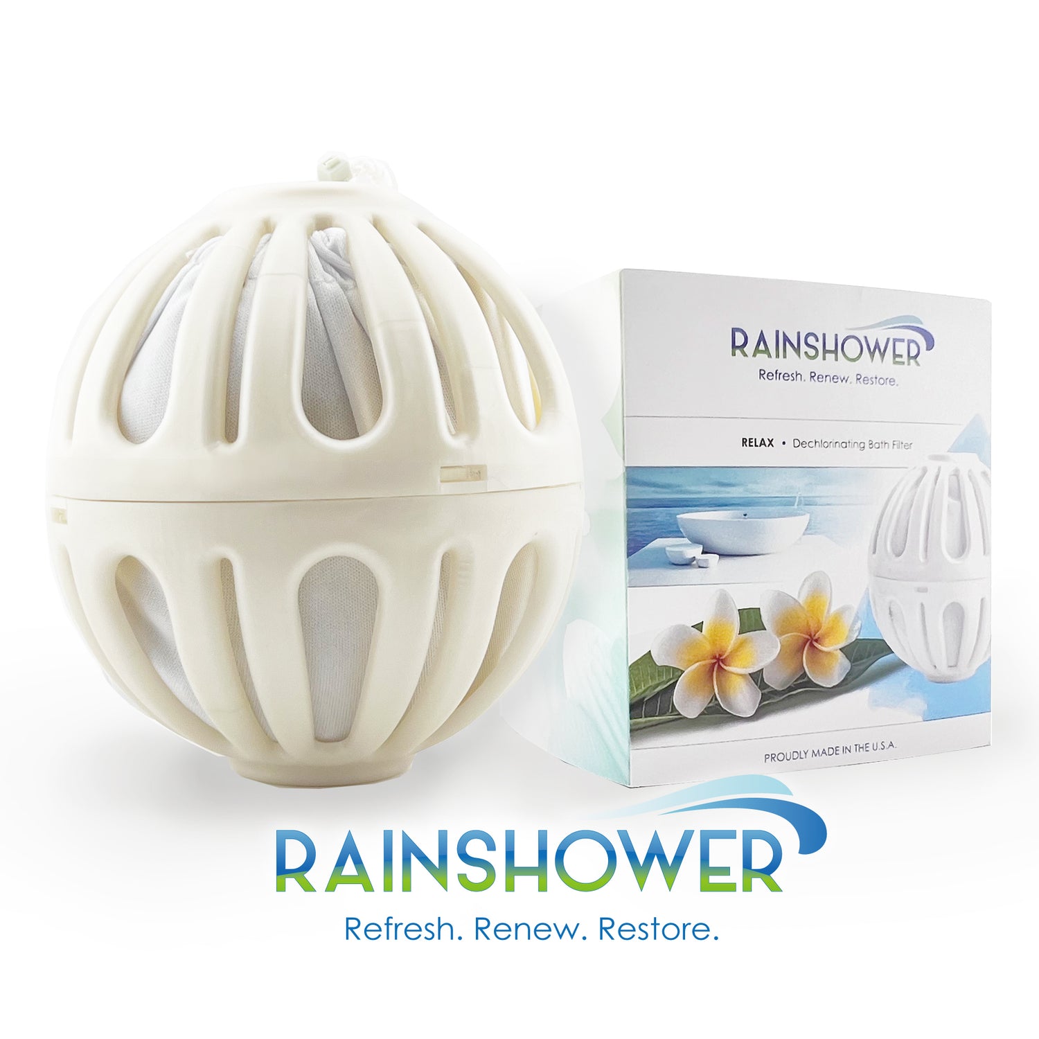 浴槽のお湯から塩素を除去する浄水用品クリスタルバスボールとパッケージ